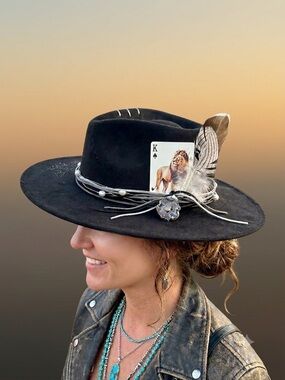 "Brave Soul" Custom Black Wide-Brim Hat with Geode, Pearls & Engraved Brim